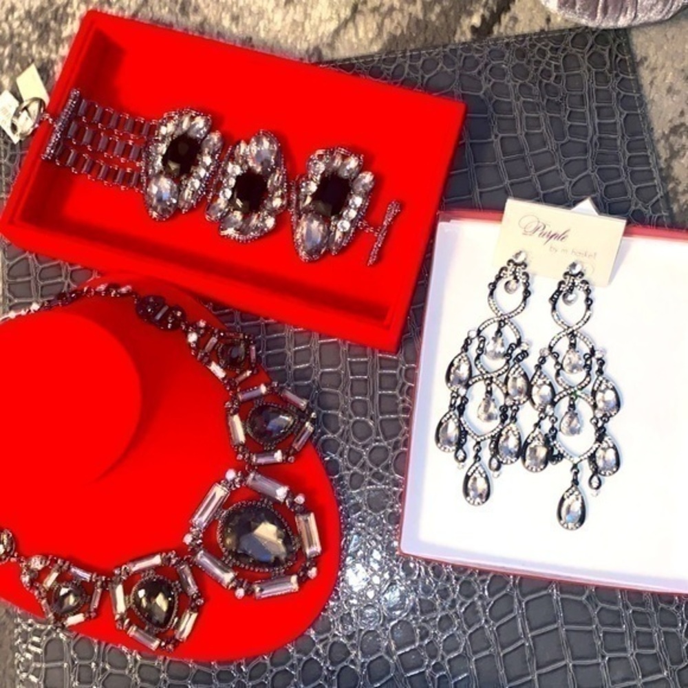 Purple Miriam Haskell Set 3pc Rare  edition Black Glass Clear Rhinestone